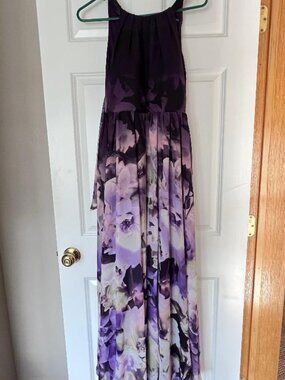 Betsy & Adam Size 8P Floral Halter Dress Black Purple Cream Formal Prom Wedding